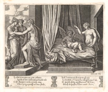 Plate 17- Venus chastising Cupid, who sits on a bed, with Psyche at right, from the Story of Cupid and Psyche as told by Apuleius MET DP862823