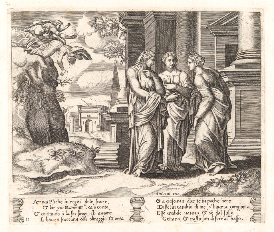 Plate 15- Psyche telling her sisters about her misfortunes, with her sisters falling off of a precipice at upper left, from the Story of Cupid and Psyche as told by Apuleius MET DP862821
