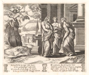 Plate 15- Psyche telling her sisters about her misfortunes, with her sisters falling off of a precipice at upper left, from the Story of Cupid and Psyche as told by Apuleius MET DP862821