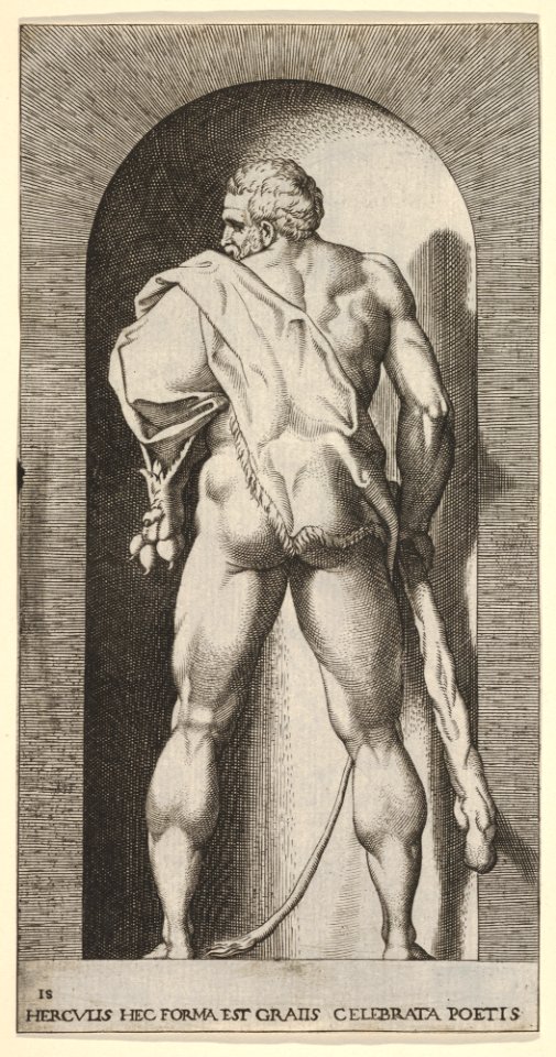 Plate 15- Hercules standing in a niche, wearing a lion skin and holding a club, viewed from behind, with his head turned to the left, from a series of mythological gods and goddesses MET DP830880