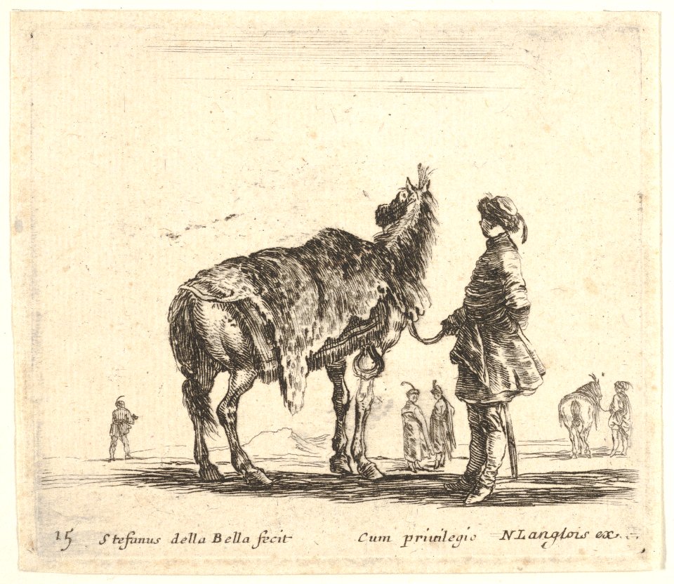 Plate 15- a Polish nobleman, facing away, holding his horse covered in leopard skin, four men and a horse in background, from 'Diversi capricci' MET DP833180