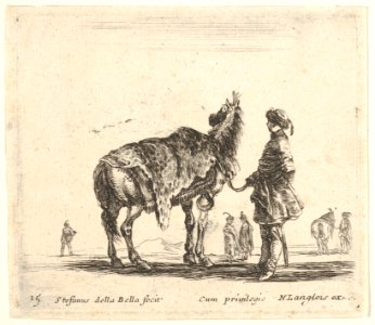 Plate 15- a Polish nobleman, facing away, holding his horse covered in leopard skin, four men and a horse in background, from 'Diversi capricci' MET DP833180