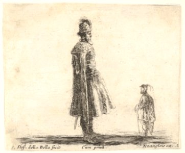 Plate 20- an old Polish nobleman wearing a plumed hat in center, standing in profile facing right, another Polish man to right in background, standing in profile facing left, from 'Diversi capricci' MET DP833167