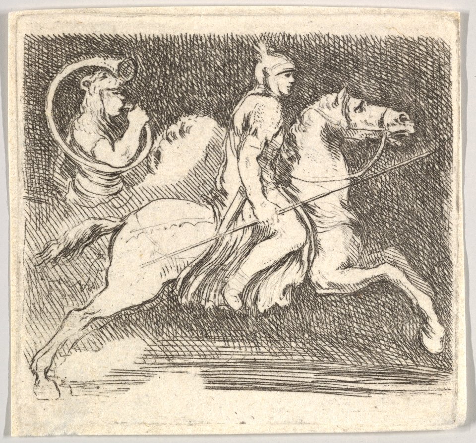 Plate 20- a soldier in profile galloping to the right holding a lance in his right hand, followed by another horseman behind, from 'Various figures and doodles' (Diverses figures et griffonnemens) MET DP831162