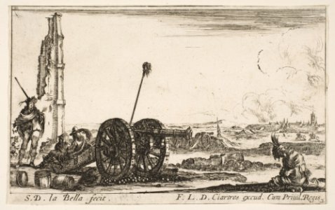 Plate 2- A cannon to the left, a town in the background, from 'Various Military Caprices' (Varii capricci militari) MET DP817418