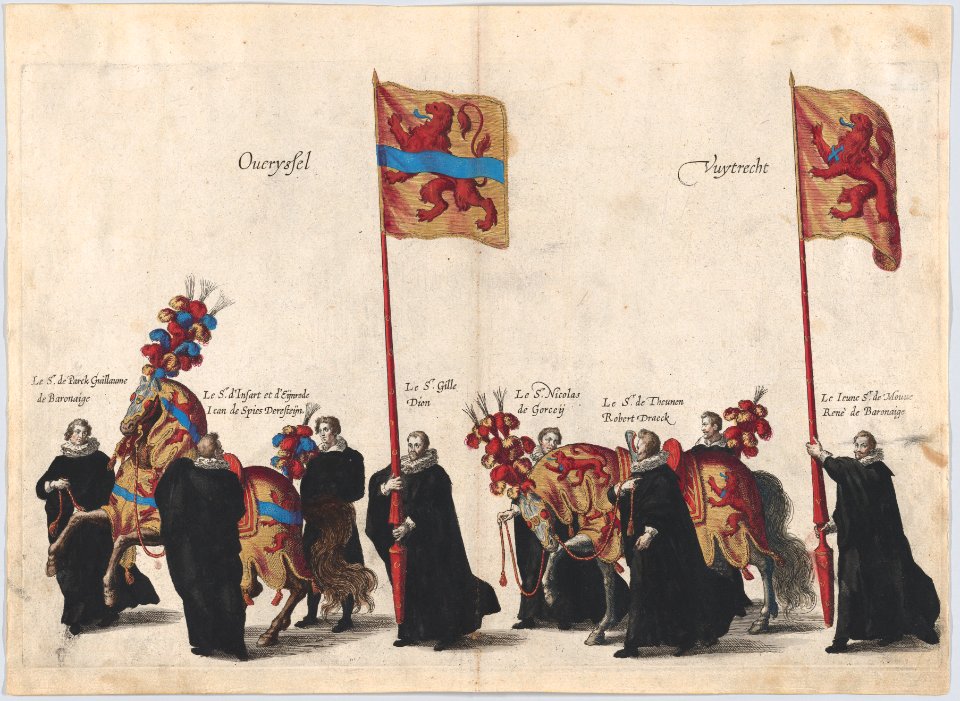 Plate 32- Men with heraldic flags and horses from Overijssel and Utrecht marching in the funeral procession of Archduke Albert of Austria; from 'Pompa Funebris ... Alberti Pii' MET DP874773