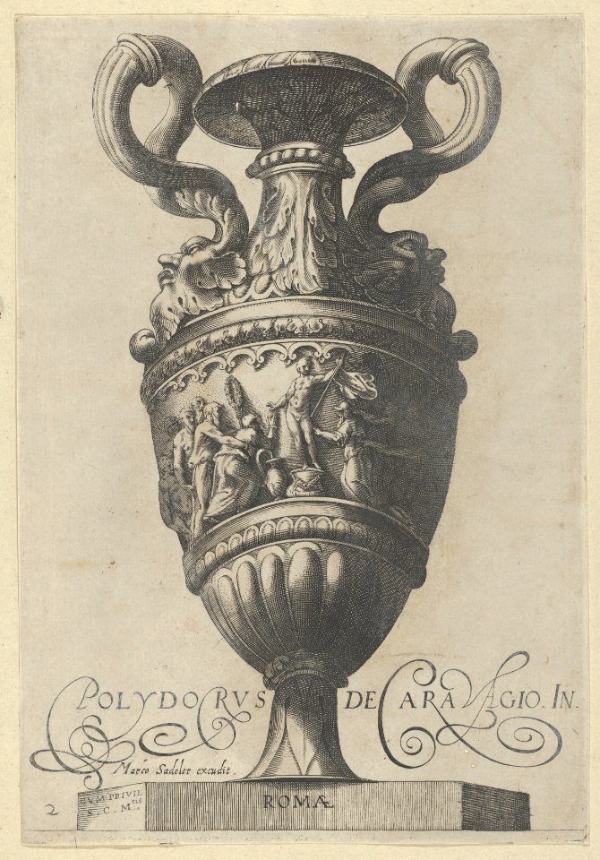 Plate 2- Two-handled vase with a nude figure on a pedestal at center, from Antique Vases (‘Vasa a Polydoro Caravagino’) MET DP837051