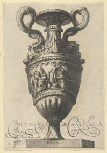 Plate 2- Two-handled vase with a nude figure on a pedestal at center, from Antique Vases (‘Vasa a Polydoro Caravagino’) MET DP837051