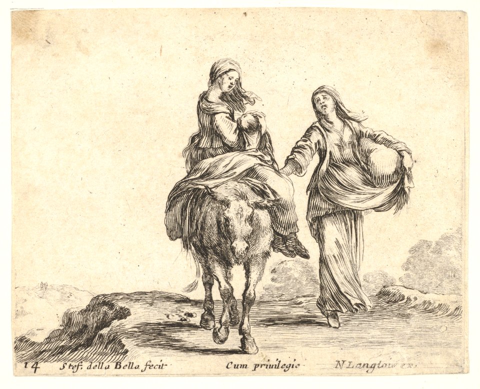Plate 14- a young peasant woman and her child sitting side saddle atop a horse in center, another peasant woman to right, holding a large bag in her left arm, from 'Diversi capricci' MET DP833179