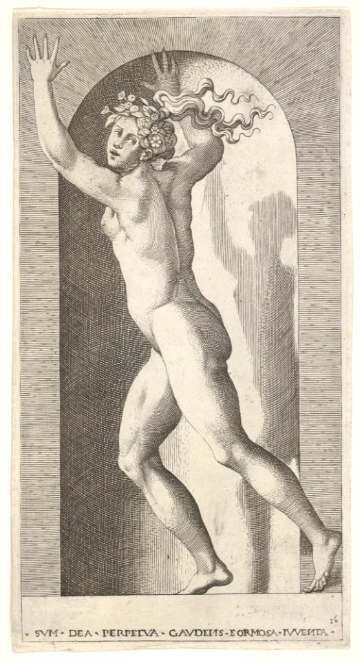 Plate 16: Hebe in a niche with her hands in the air, running to the left while looking to the right, from a series of mythological gods and goddesses, Giovanni Jacopo Caraglio, 1526