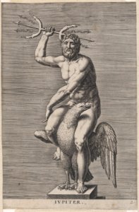 Plate 2- Jupiter; statue of the nude god seated on an eagle, holding a double trident; from 'Statues of Roman Gods' after Jacques Jonghelinck MET DP874725