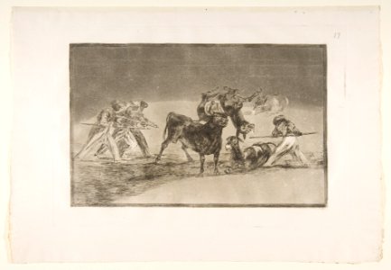 Plate 17 of the 'Tauromaquia'- The Moors use donkeys as a barrier to defend themselves against the bull whose horns have been tipped with balls. MET DP817783