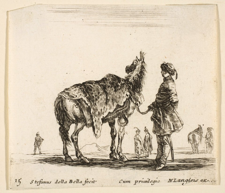 Plate 15- a Polish nobleman, facing away, holding his horse covered in leopard skin, four men and a horse in background, from 'Diversi capricci' MET DP817416