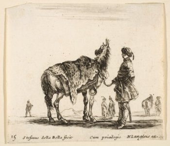 Plate 15- a Polish nobleman, facing away, holding his horse covered in leopard skin, four men and a horse in background, from 'Diversi capricci' MET DP817416