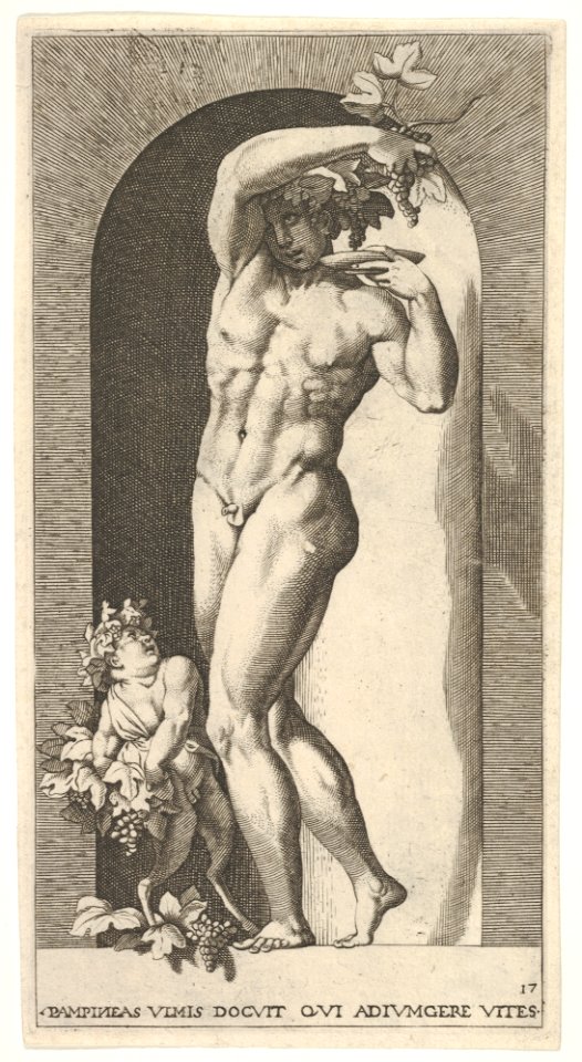 Plate 17- Bacchus standing in a niche, holding grapes over a plate, accompanied by an infant satyr, from a series of mythological gods and goddesses MET DP832193