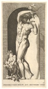 Plate 17- Bacchus standing in a niche, holding grapes over a plate, accompanied by an infant satyr, from a series of mythological gods and goddesses MET DP832193