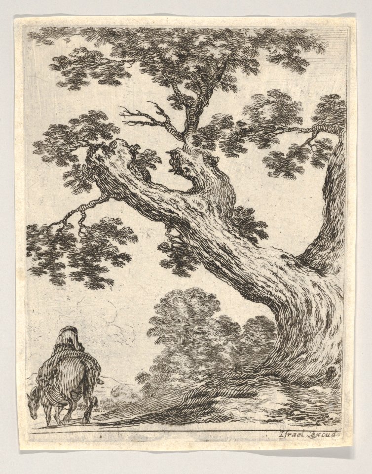 Plate 18- a large tree at right, a man on horseback at left, seen from behind riding towards the left, from 'Various figures and doodles' (Diverses figures et griffonnemens) MET DP831099