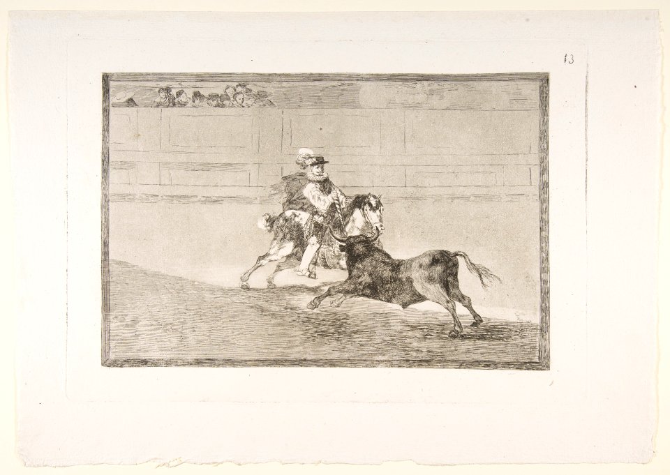 Plate 13 of the 'Tauromaquia'- A Spanish mounted knight in the ring breaking short spears without the help of assistants, MET DP817782