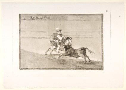 Plate 13 of the 'Tauromaquia'- A Spanish mounted knight in the ring breaking short spears without the help of assistants, MET DP817782. Free illustration for personal and commercial use.