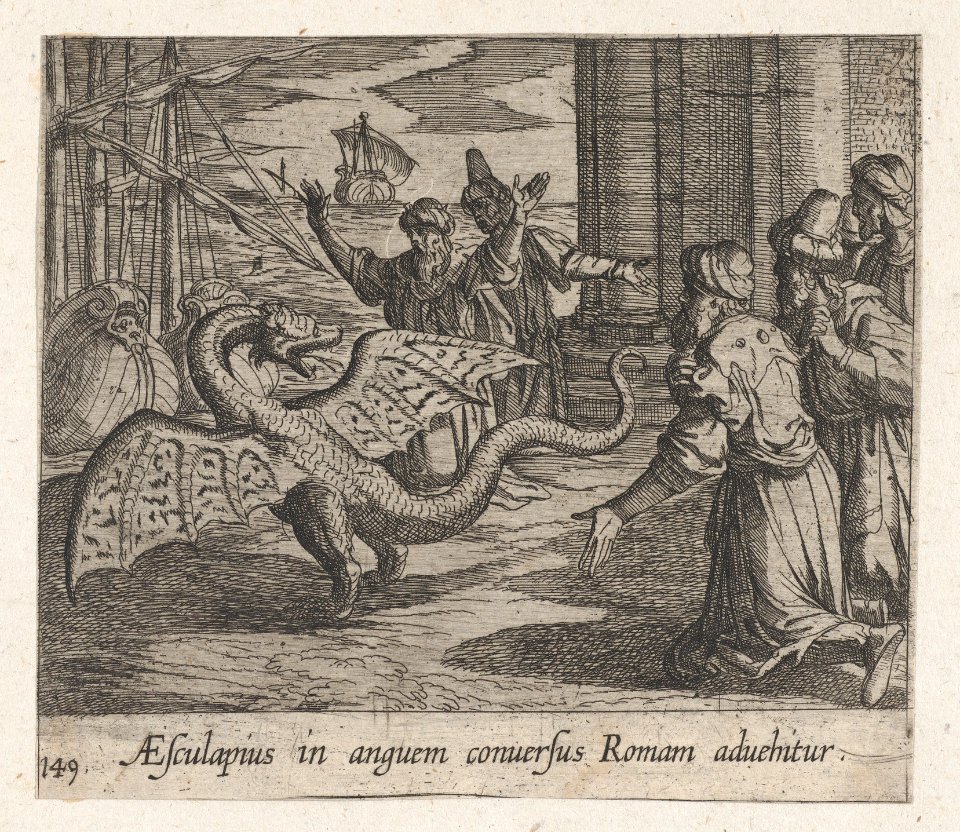 Plate 149- Aesculapius as a Serpent, Among the Romans (AEsculapius in anguem conversus Roman advehitur), from Ovid's 'Metamorphoses' MET DP864240