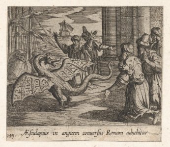 Plate 149- Aesculapius as a Serpent, Among the Romans (AEsculapius in anguem conversus Roman advehitur), from Ovid's 'Metamorphoses' MET DP864240