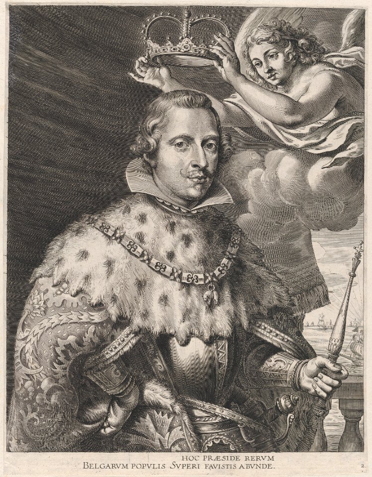 Plate 2- Portrait of Philip IV, King of Spain, being crowned; from Guillielmus Becanus's 'Serenissimi Principis Ferdinandi, Hispaniarum Infantis...' MET DP874818