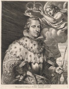 Plate 2- Portrait of Philip IV, King of Spain, being crowned; from Guillielmus Becanus's 'Serenissimi Principis Ferdinandi, Hispaniarum Infantis...' MET DP874818