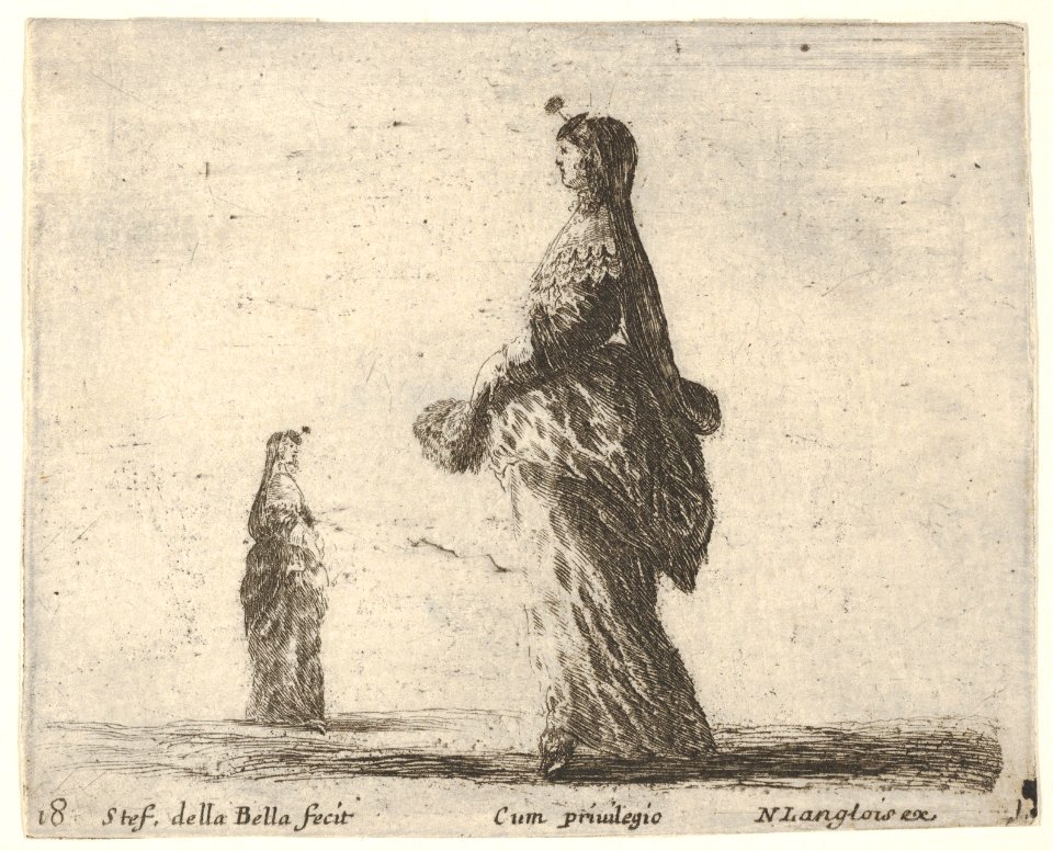 Plate 18- a noblewoman walking towards the left with a feathered fan, another woman in background to left, from 'Diversi capricci' MET DP833183