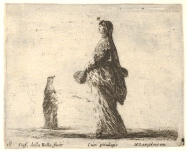 Plate 18- a noblewoman walking towards the left with a feathered fan, another woman in background to left, from 'Diversi capricci' MET DP833183