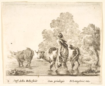 Plate 2- a peasant woman herds two cows across a stream, walking towards the left, from 'Diversi capricci' MET DP817353
