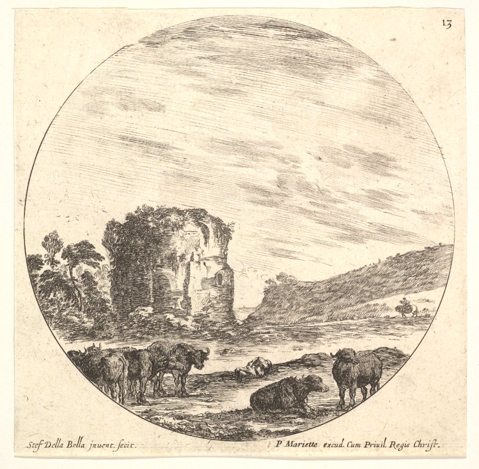Plate 13- ruins of an ancient temple in the background, a herd of cows in the foreground, a round composition, from 'Roman landscapes and ruins' (Paysages et ruines de Rome) MET DP828075