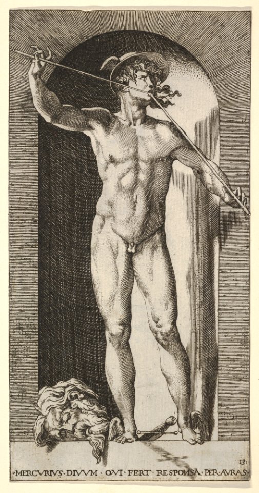 Plate 14- Mercury standing in a niche playing his pipes, with the severed head of an old man and a sword at his feet, from a series of mythological gods and goddesses MET DP830878