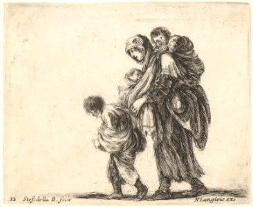 Plate 22- a beggar woman with three children, one child on her shoulders, one child in her arms, and one child who walks in front of her to left, from 'Diversi capricci' MET DP833169