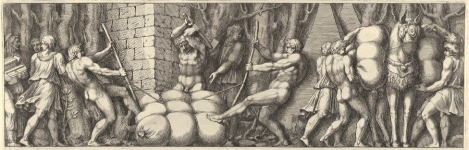 Plate 2- various figures carrying out tasks that include tying a sack and loading a horse MET DP837495