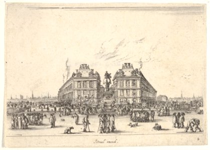 Plate 2- La Place Dauphine, on the coast of Pont Neuf, the equestrian statue of Louis XIII in center, seen from the back and numerous figures, from 'Various Figures' (Agréable diversité de figures) MET DP833191
