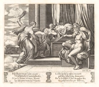 Plate 21- Female personifications of Sorrow and Pain at right punishing Psyche at the behest of Venus, who sits at right, from the Story of Cupid and Psyche as told by Apuleius MET DP862827