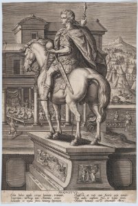 Plate 2- equestrian statue of Augustus, holding a globe and seen from behind, with a feast occurring at left in the background, from 'Roman Emperors on Horseback' MET DP877291
