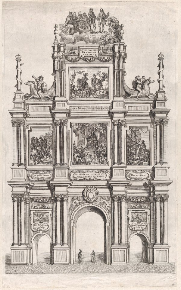 Plate 19- Triumphal arch, elevation of the front, surmounted by a cloud bearing Ferdinand and royal ancestors; from Guillielmus Becanus's 'Serenissimi Principis Ferdinandi, Hispaniarum Infantis...' MET DP874823
