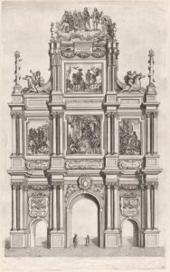 Plate 19- Triumphal arch, elevation of the front, surmounted by a cloud bearing Ferdinand and royal ancestors; from Guillielmus Becanus's 'Serenissimi Principis Ferdinandi, Hispaniarum Infantis...' MET DP874823