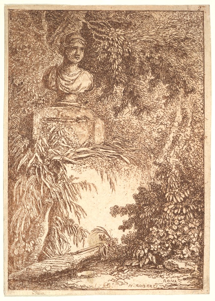 Plate 2- The Bust- a bust of a female wearing a diadem at top left, two amphoras at bottom left, surrounded by trees and greenery, from 'Les soirées de Rome' MET DP829185