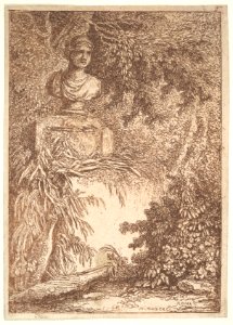 Plate 2- The Bust- a bust of a female wearing a diadem at top left, two amphoras at bottom left, surrounded by trees and greenery, from 'Les soirées de Rome' MET DP829185