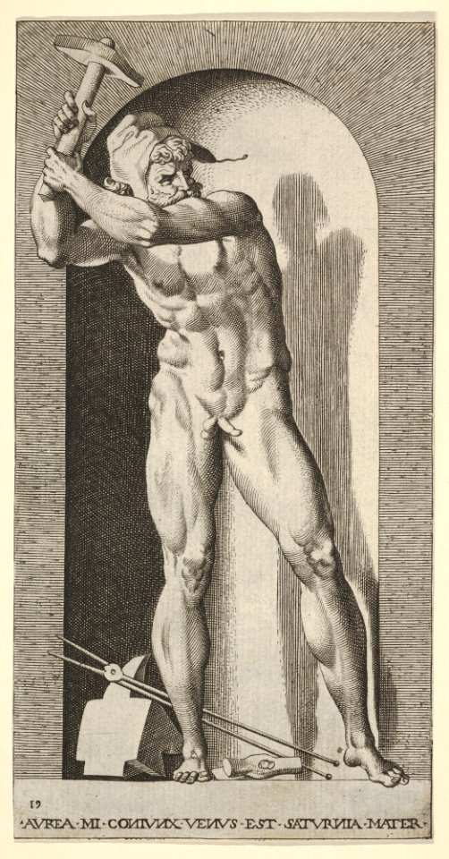Plate 19- Vulcan standing in a niche swinging a hammer, with an anvil, hammer, and tongs at his feet, from a series of mythological gods and goddesses MET DP830881