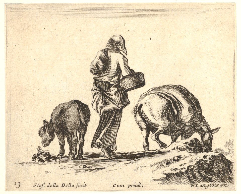 Plate 13- a peasant woman, seen from the back, holding a basket in center, a donkey to left and a horse with a pack on its back to right, from 'Diversi capricci' MET DP833178