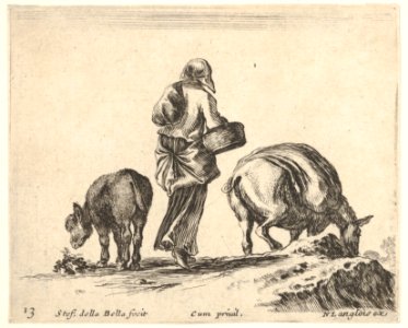 Plate 13- a peasant woman, seen from the back, holding a basket in center, a donkey to left and a horse with a pack on its back to right, from 'Diversi capricci' MET DP833178