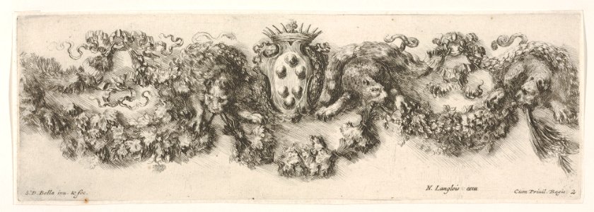 Plate 2- Design for a Frieze with Felines holding up a Garland and the Medici Coat of Arms in the Center, Plate 2 from- 'Decorative friezes and foliage' (Ornamenti di fregi e fogliami) MET DP833566