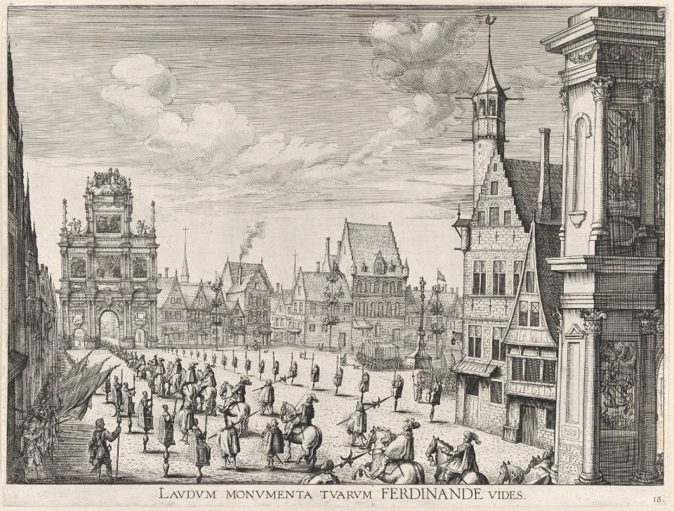 Plate 18- Procession of the Spanish Prince Ferdinand into the city of Ghent, January 28, 1635; from Guillielmus Becanus's 'Serenissimi Principis Ferdinandi, Hispaniarum Infantis...' MET DP874788