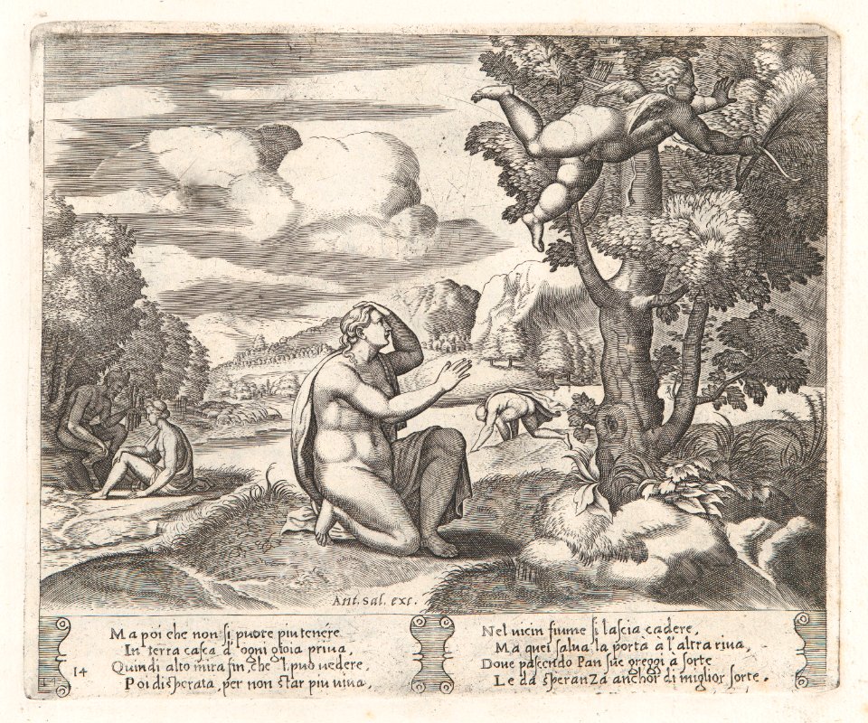 Plate 14- Psyche kneeling in the foreground as Cupid flees from her, from the Story of Cupid and Psyche as told by Apuleius MET DP862820