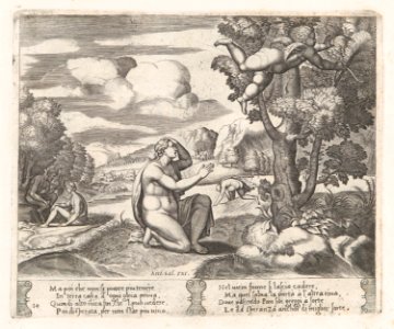 Plate 14- Psyche kneeling in the foreground as Cupid flees from her, from the Story of Cupid and Psyche as told by Apuleius MET DP862820
