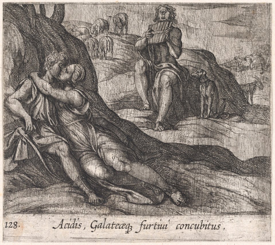 Plate 128- Galatea and Acis Embracing, while Polyphemus Sings for Galatea (Acidis, Galateaeq, furtivi concubitus), from Ovid's 'Metamorphoses' MET DP866533