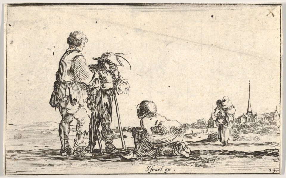 Plate 13- two peasants standing to left, a cripple kneeling on the ground in center, a woman carrying a child seen from behind to right in middleground, a church to right in background, from 'Caprice faict par de la Bella' MET DP831117